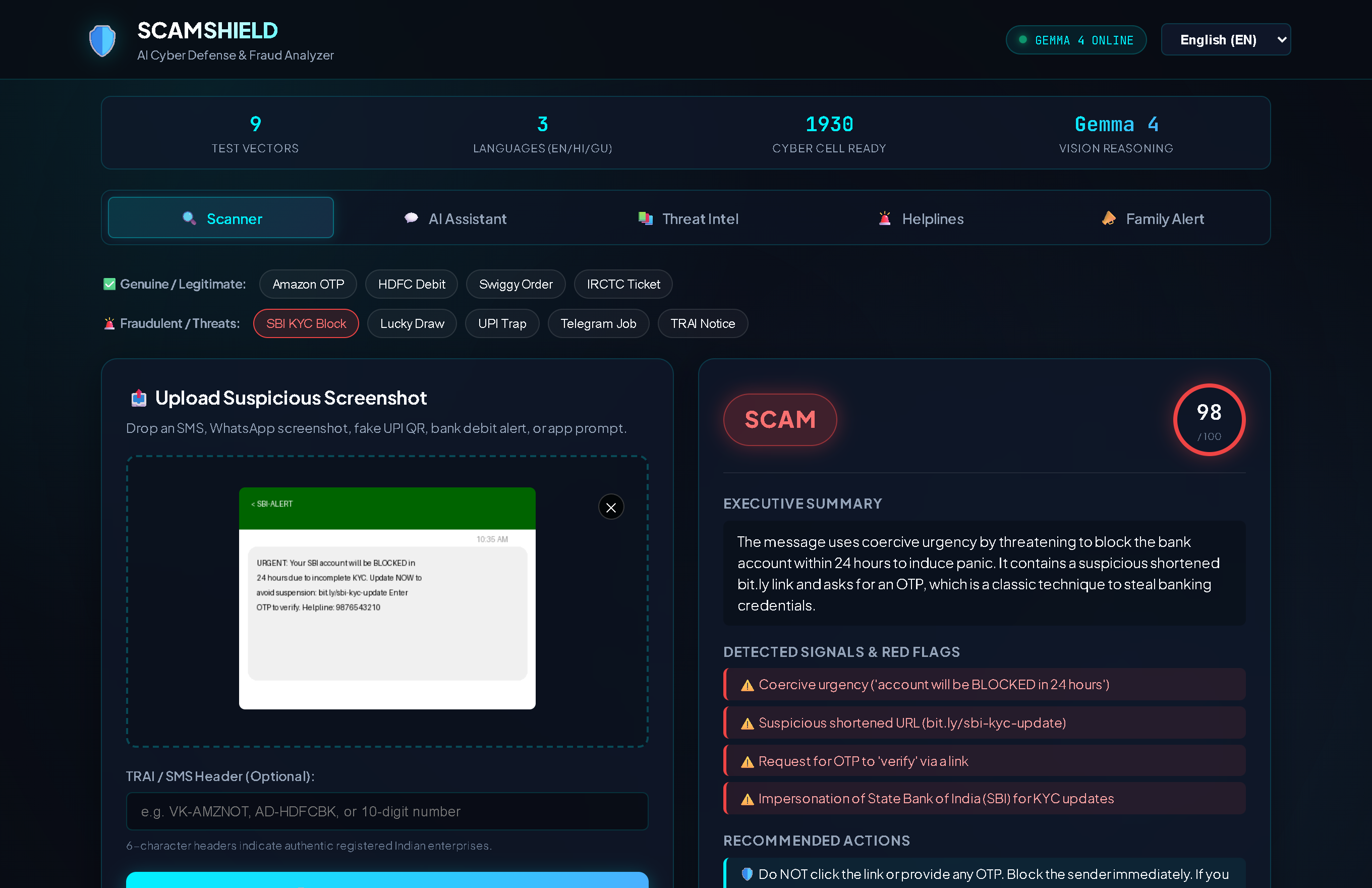 ScamShield Multimodal AI Threat Scanner Dashboard